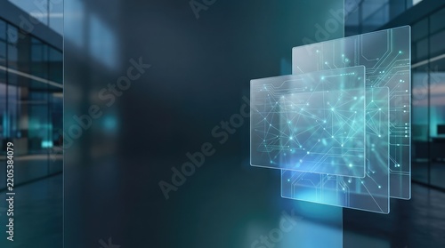 Background of digital interface layers on a glass surface in modern office