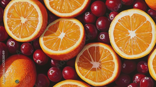 Vibrant orange slices and crimson cranberries beautifully arranged, showcasing freshness, ideal for healthy food themes