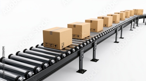 Automated conveyor belt with cardboard boxes for packaging and shipping in manufacturing and logistics, isolated on white.
