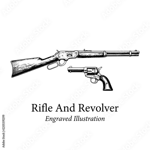 Rifle and revolver engraved illustration showing a classic firearm design in black and white