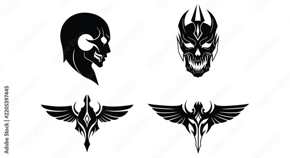 Obraz premium Set of black tribal tattoo vectors featuring fantasy skulls and winged emblem designs