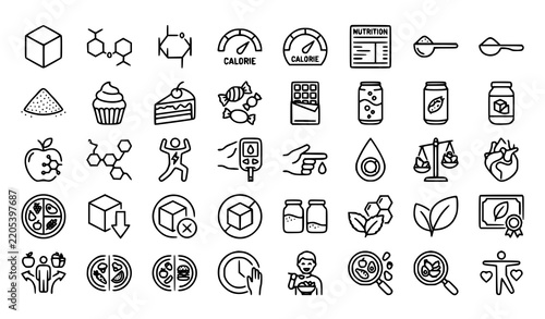 Sugar Nutrition Calorie Glucose and Healthy Eating Thin Line Vector Icons