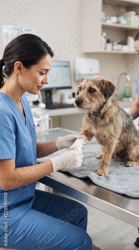 Veterinarian bandaging injured dog's paw in a clinic setting
