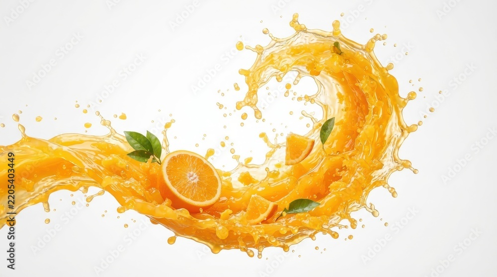 Naklejka premium Fresh orange juice wave with sliced fruits and green leaves
