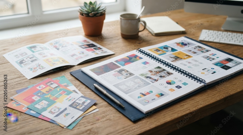 Obraz premium Graphic design portfolio and sketches on a wooden desk