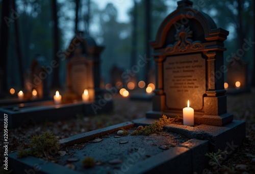 Cemetery Visitation with Prayer Candles Illuminating Graves Framed by Serenity