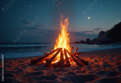 Fiery Beach Bonfire at Summer Solstice Under Starry Sky and Gentle Waves