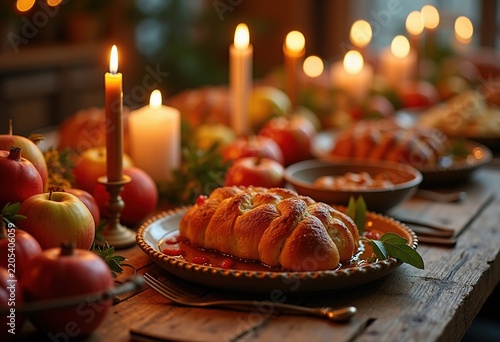 Rosh Hashanah Jewish New Year Dinner Culinary Table Extravaganza with Apples, Honey, Challah and Pomegranate
