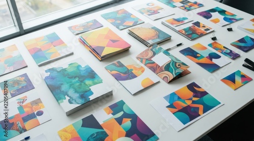 Corporate stationery mockups with colorful abstract graphic designs on a table