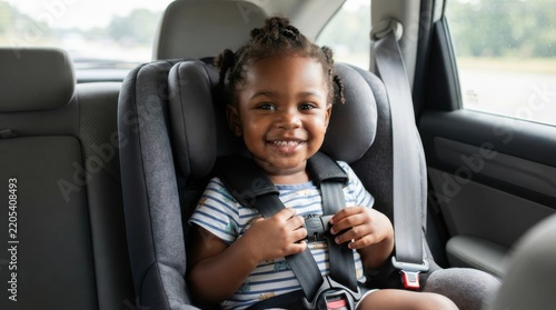 Happy toddler girl sitting in a car seat in the back of a vehicle