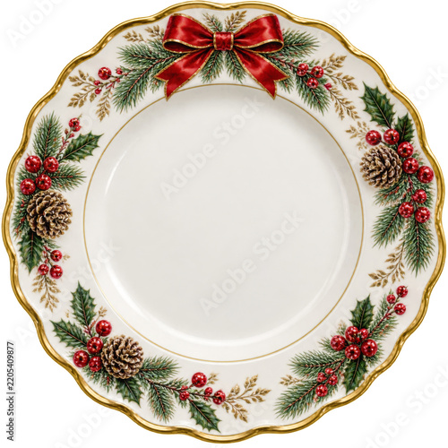Decorative Plate With Holiday Theme Featuring Pinecones and Berries
