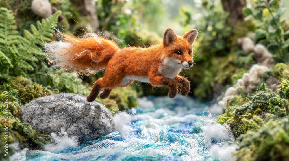 Obraz premium Cute needle felted red fox jumping over a river in a wool forest