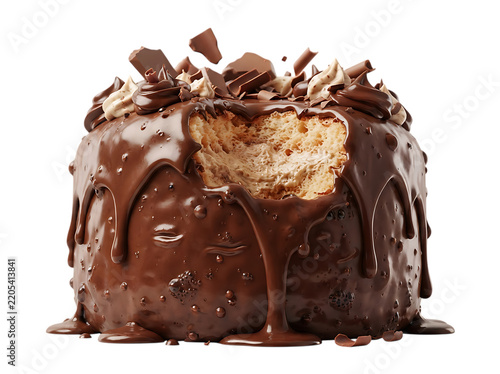 Chocolate cake with creamy filling and glaze isolated on transparent background