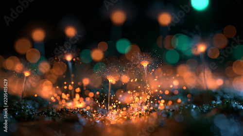 Glowing Bioluminescent Plants with Golden Sparkles and Bokeh