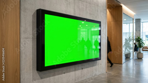 Wall mounted digital display screen featuring bright green chroma key surface in corporate office corridor for information broadcast.