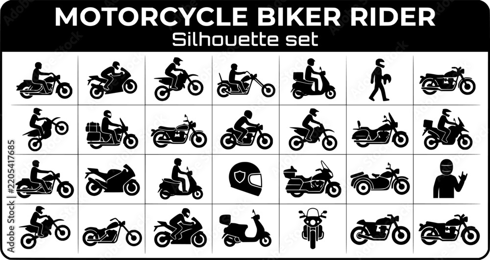 Fototapeta premium Motorcycle Biker Rider Silhouette Set Black White Transport Vector Isolated White Background 