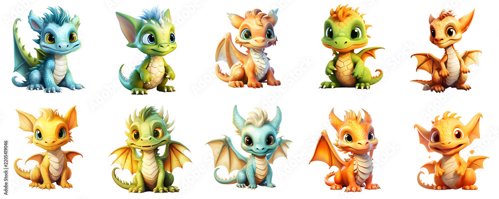 Obraz premium Collection of adorable baby dragons in various colors and poses on a black background