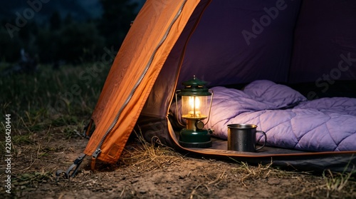 Warm lantern light inside an orange camping tent
