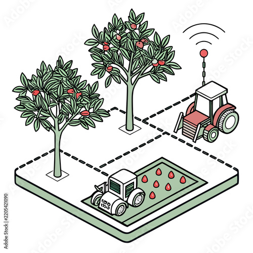 Smart farming isometric illustration with automated tractor and apple orchard