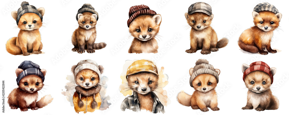 Fototapeta premium Collection of adorable marten cubs wearing various hats on a black background