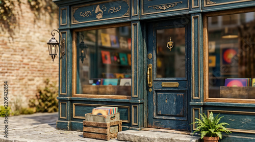 Exterior of a vintage record store with vinyl albums on display. Retro music shop storefront on a cobblestone street