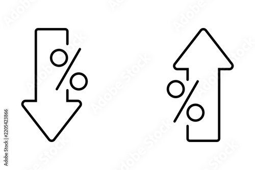 Black outline icons of arrows with percent signs representing increase and decrease of rates