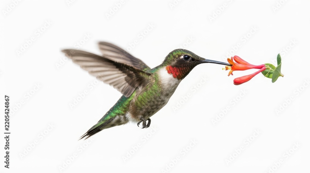 Obraz premium Ruby-throated hummingbird hovering while feeding on flower