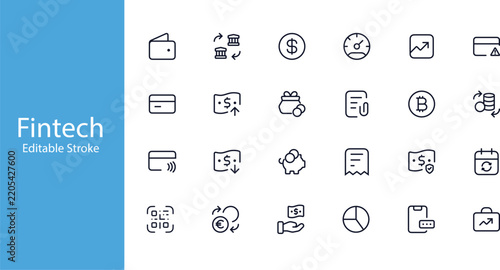 Fintech and digital banking line icon set. Payment, wallet, money transfer and investment vector icons, editable stroke