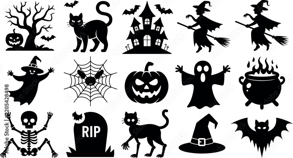 Fototapeta premium Halloween spooky silhouette icon set featuring witch riding broom haunted house black cat ghost skeleton pumpkin graveyard tombstone cauldron spider bat