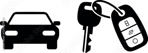 Car front view silhouette and remote key fob icon set for automobile rental security drive insurance vector design