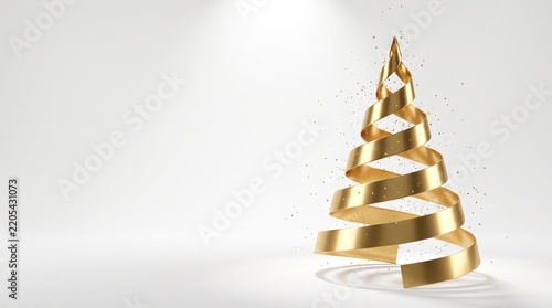 Abstract Christmas tree made of a swirling golden satin ribbon with sparkling glitter on a minimalist white studio background.