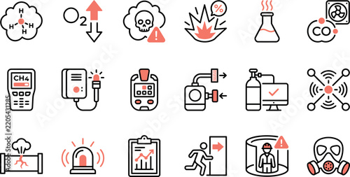 Set of gas detection and safety icons showing chemical sensors equipment hazard signs and emergency warning Outline Stroke Liner icon set bundle collection. Editable Vector Illustration Mega pack