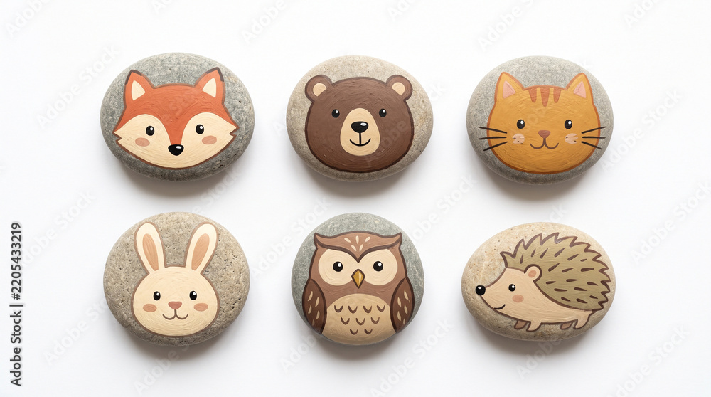 Fototapeta premium painted animal stones collection with cute forest creatures on white background