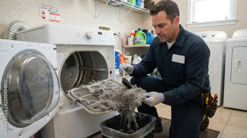 Appliance Technician Removing Lint from Clothes Dryer Filter During Maintenance