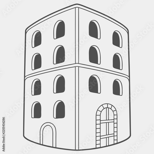 Minimalist isometric outline illustration of a multi-story building tower