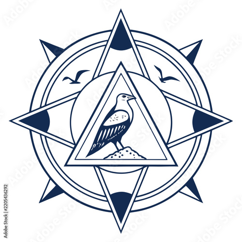 Nautical compass rose graphic with a bird inside a central triangle symbol