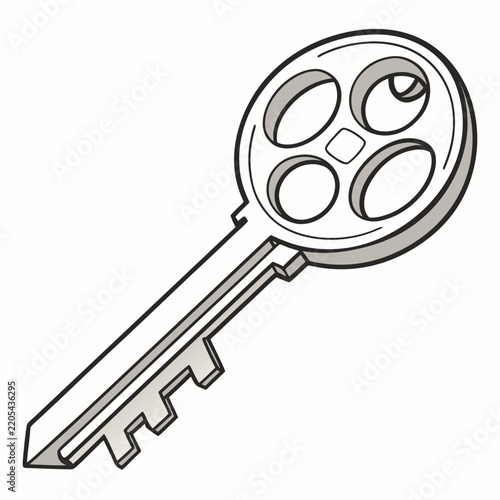 Simple line drawing of a metal key with a geometric circular handle
