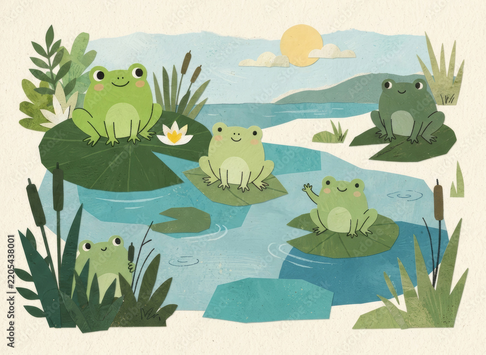 Fototapeta premium Five cute frogs on lily pads in a pond with cattails and sun. Paper cut collage of cheerful amphibians in wetland. Children book illustration. Pond wildlife and spring concept.