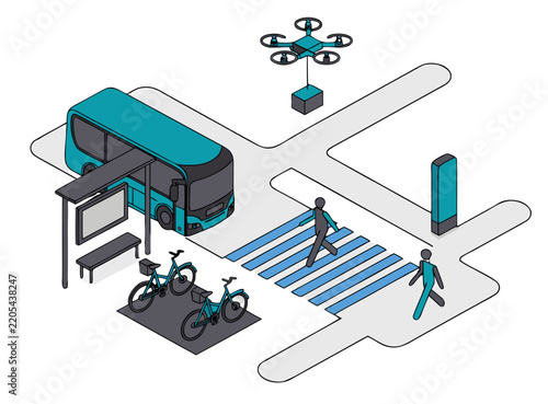 Isometric City Street with Bus Stop and Drone Delivery Service Vector