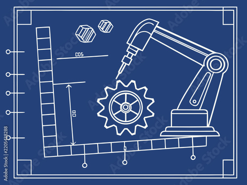 Technical blueprint illustration of a robotic arm manufacturing a gear