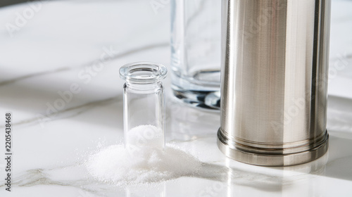 Fructose sample beside stainless steel column white marble, suggesting chromatography sugar analysis and molecular separation within clean laboratory setting with soft daylight and negative space
