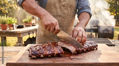 Focused pitmaster slicing smoked barbecue ribs with sharp kitchen knife