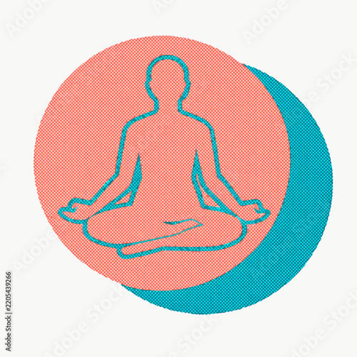 Yoga meditation person in lotus pose with risograph halftone texture