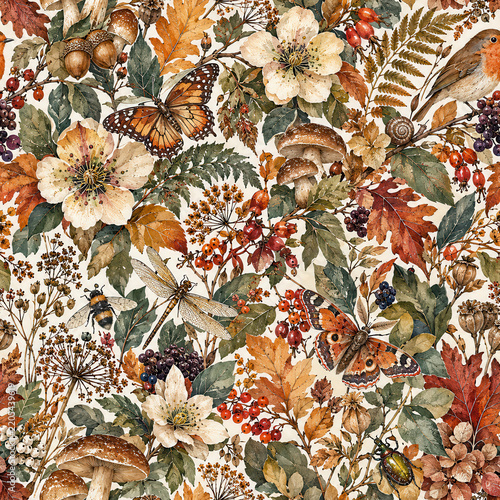 Seamless Autumn Nature Pattern with Insects and Foliage
