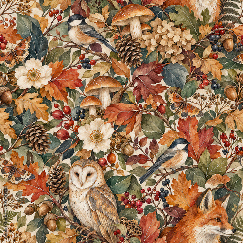 Woodland Nature Seamless Pattern with Animals and Foliage