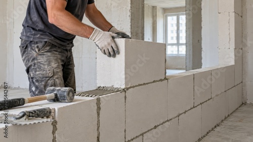 Construction worker builds wall with blocks in unfinished building site during daylight