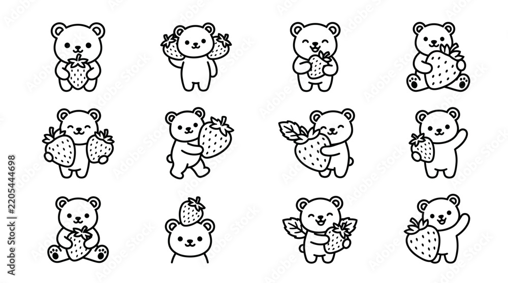 Fototapeta premium Cute cartoon bears holding strawberries in various poses.
