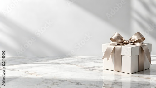 Elegant White Gift Box with Ribbon on Marble Table
