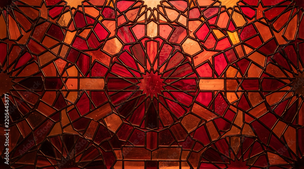 Obraz premium Intricate stained glass window in shades of red and orange with gothic details