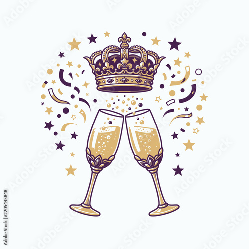 Royal Gold Crown Champagne Glasses Toast Luxury Celebration Art Illustration for Festive Events